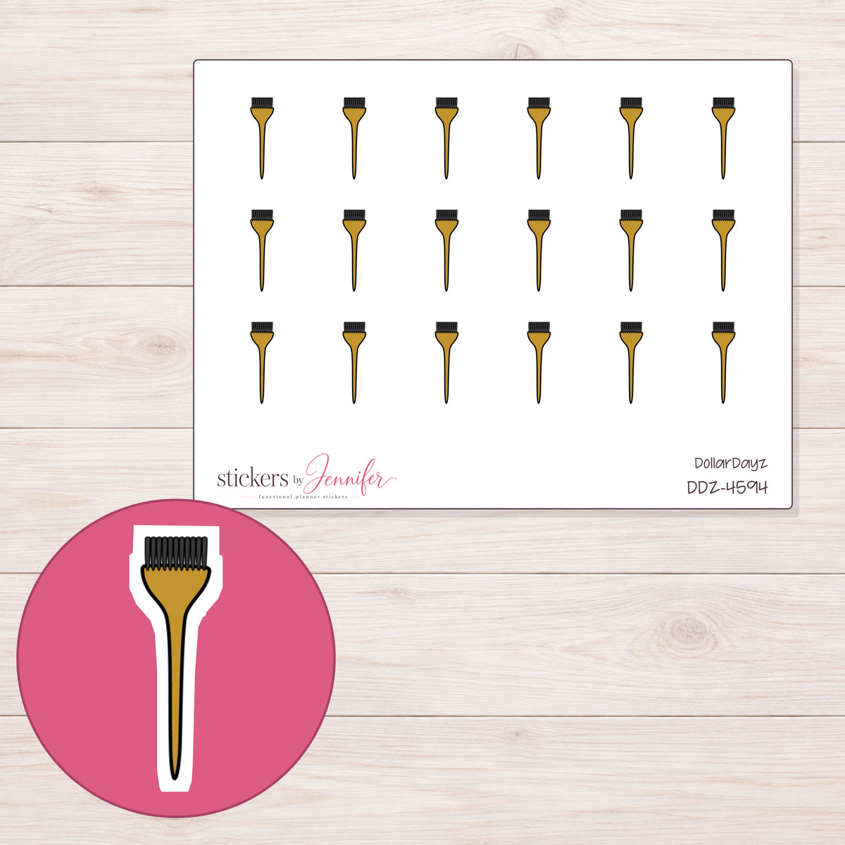 Gold Hair Color Brush Planner Stickers | DDZ-4594 — 4 × 3 inch sheet and enlarged sticker detail