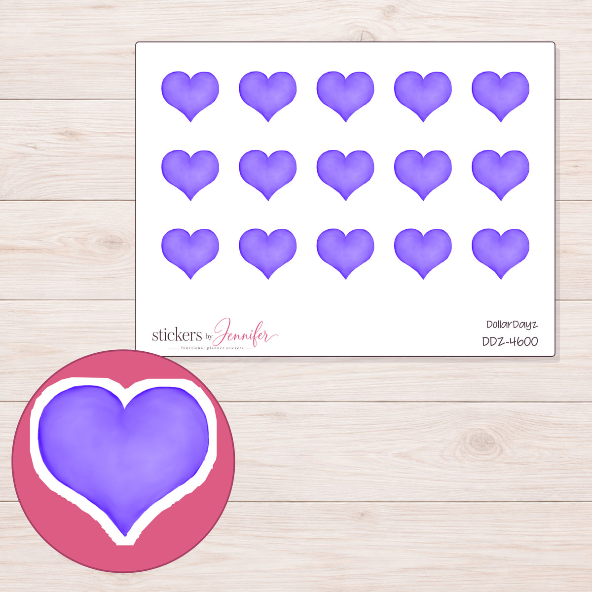 Purple Watercolor Heart Planner Stickers | DDZ-4600 — 4 × 3 inch sheet and enlarged sticker detail