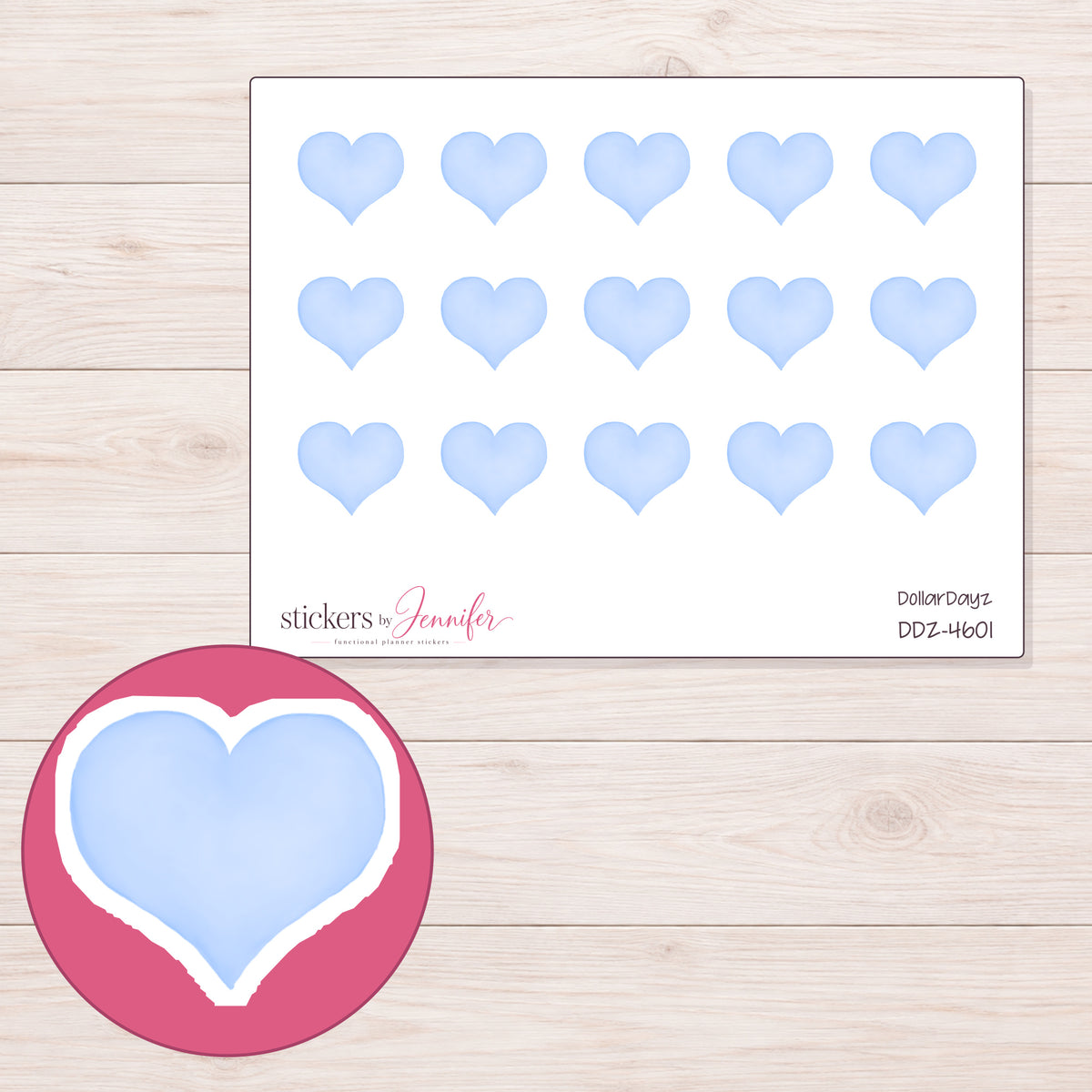 Pale Blue Watercolor Heart Planner Stickers | DDZ-4601 — 4 × 3 inch sheet and enlarged sticker detail