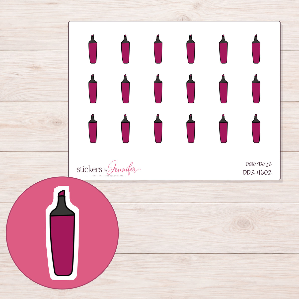 Magenta Highlighter Planner Stickers | DDZ-4602 — 4 × 3 inch sheet and enlarged sticker detail