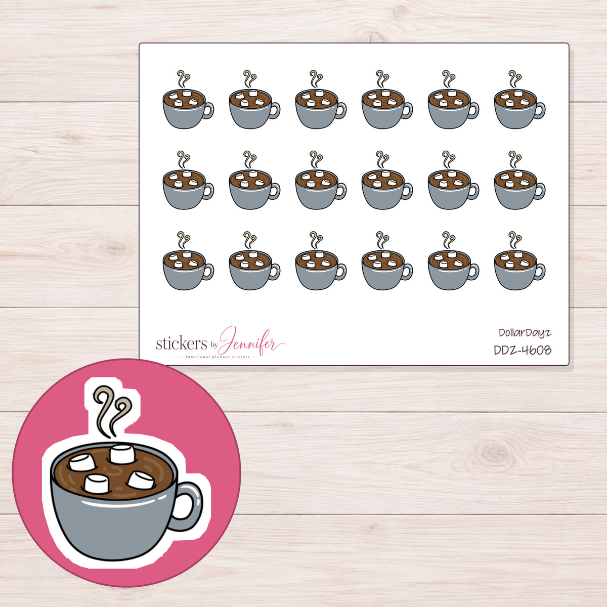 Gray Hot Cocoa Mug Planner Stickers | DDZ-4608 — 4 × 3 inch sheet and enlarged sticker detail