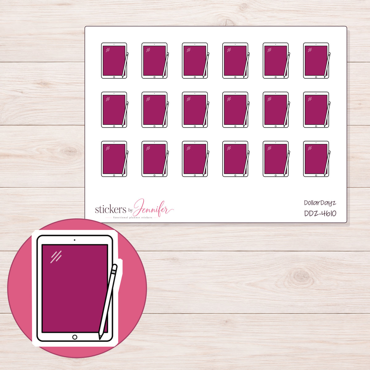 Magenta Screen Tablet Planner Stickers | DDZ-4610 — 4 × 3 inch sheet and enlarged sticker detail
