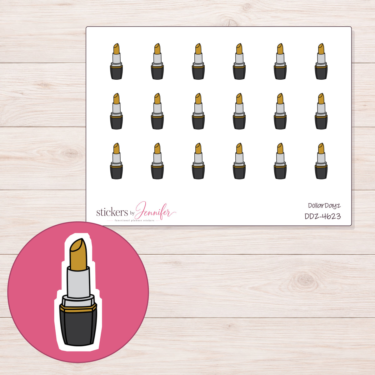 Gold Lipstick Planner Stickers | DDZ-4623 — 4 × 3 inch sheet and enlarged sticker detail