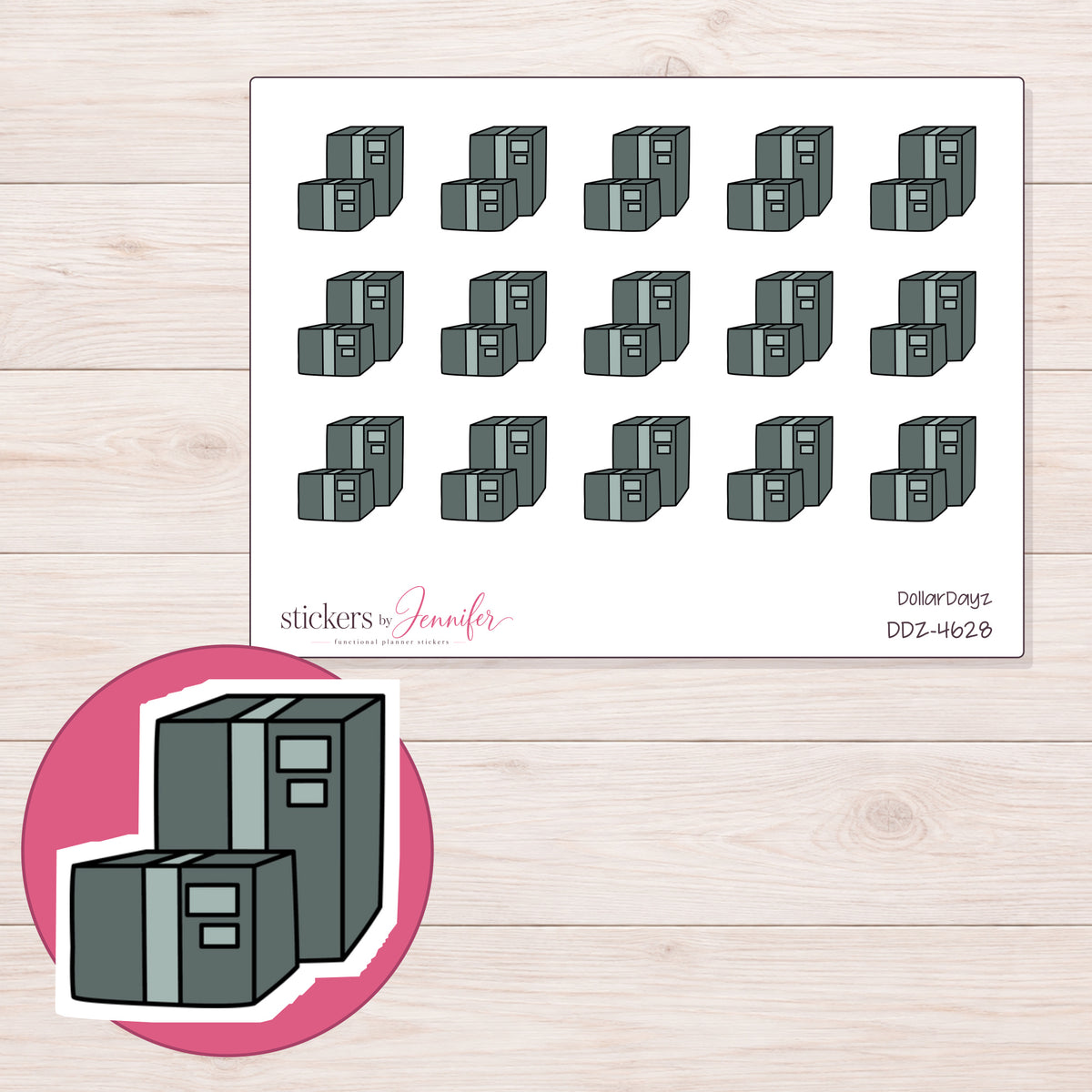 Charcoal Stacked Shipping Boxes Planner Stickers | DDZ-4628 — 4 × 3 inch sheet and enlarged sticker detail