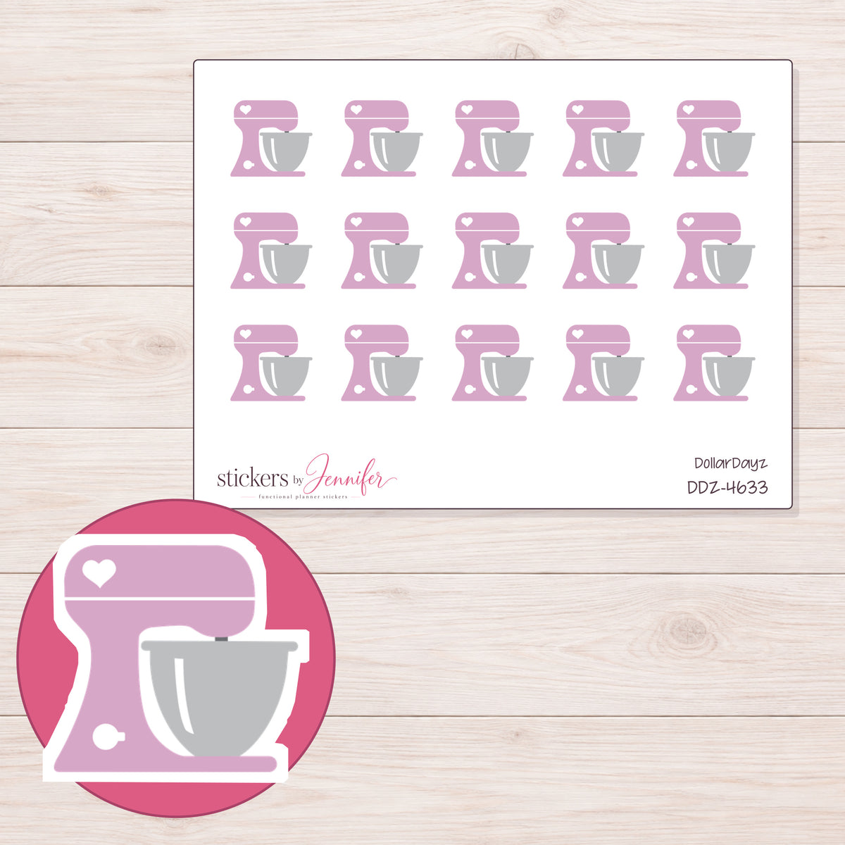 Pink Heart Stand Mixer Planner Stickers | DDZ-4633 — 4 × 3 inch sheet and enlarged sticker detail