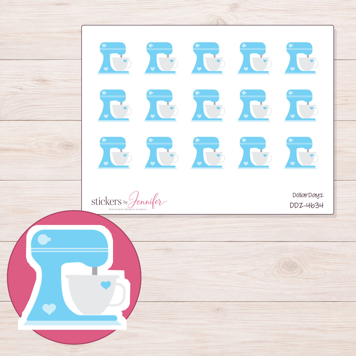 Blue Heart Stand Mixer Planner Stickers | DDZ-4634 — 4 × 3 inch sheet and enlarged sticker detail