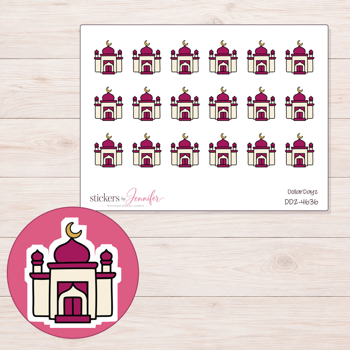 Magenta Mosque Planner Stickers | DDZ-4636 — 4 × 3 inch sheet and enlarged sticker detail