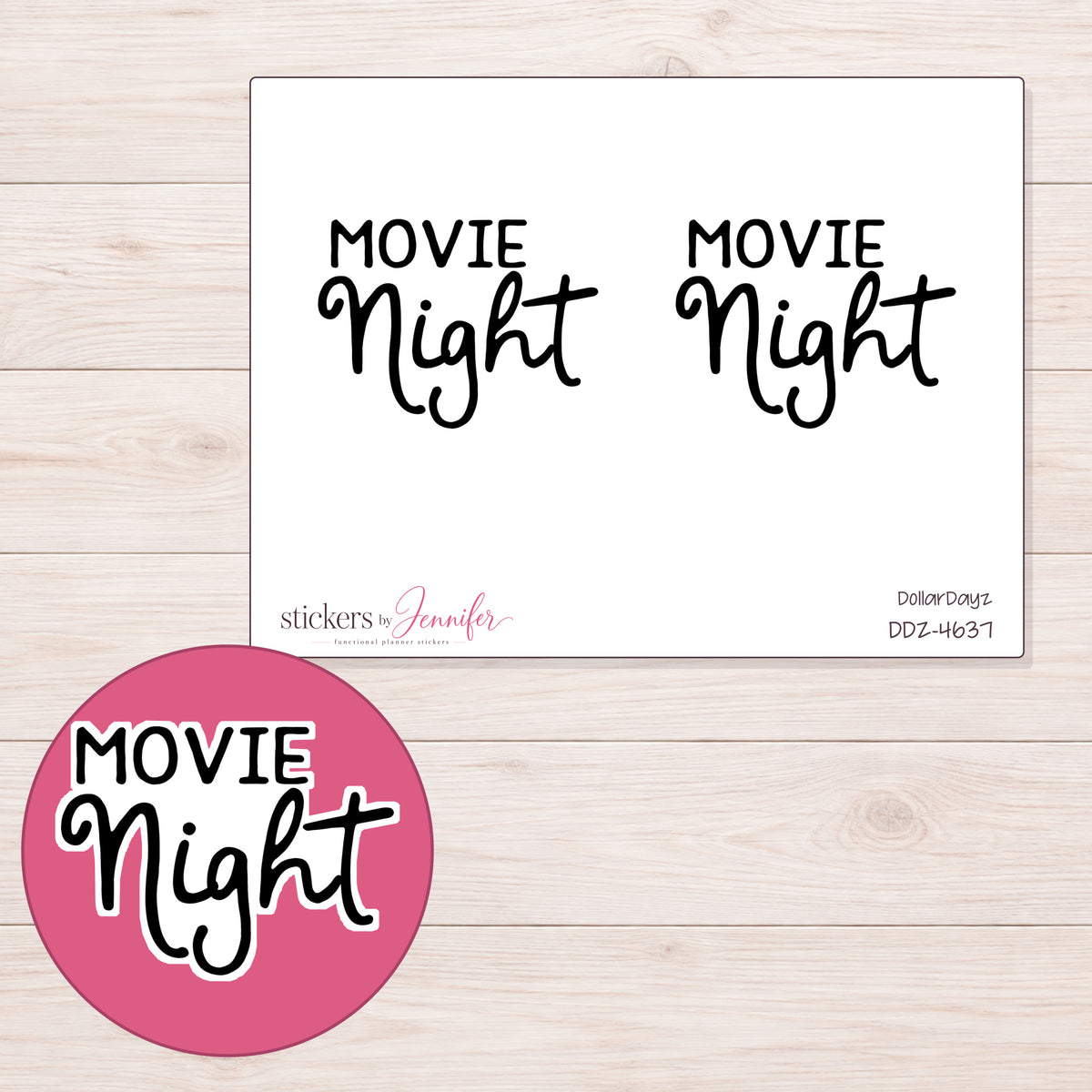 Black Movie Night Script Planner Stickers | DDZ-4637 — 4 × 3 inch sheet and enlarged sticker detail