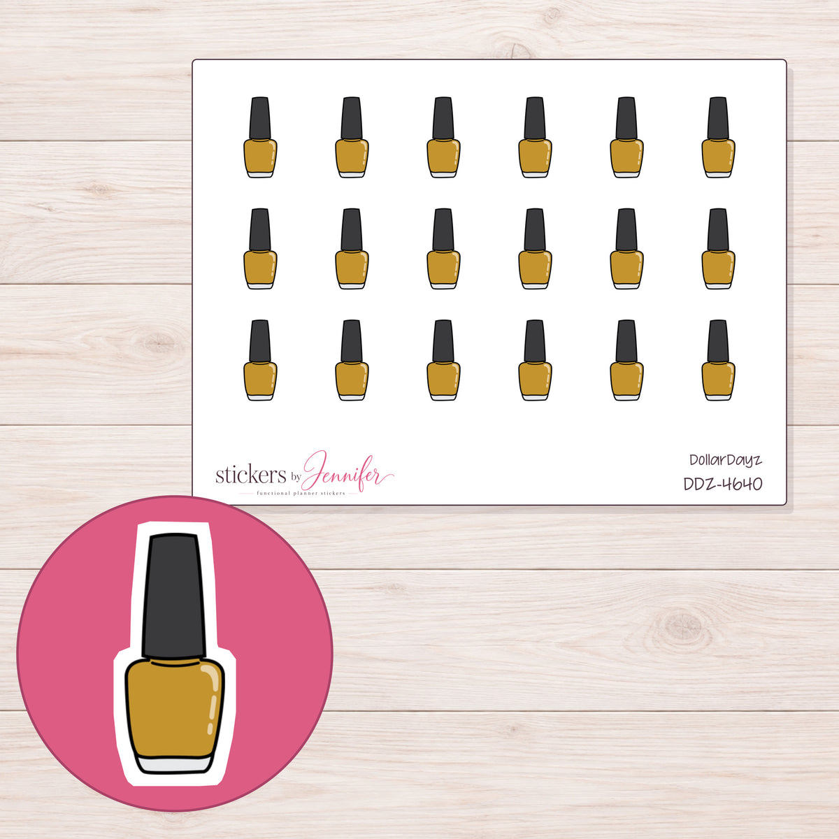 Gold Nail Polish Planner Stickers | DDZ-4640 — 4 × 3 inch sheet and enlarged sticker detail