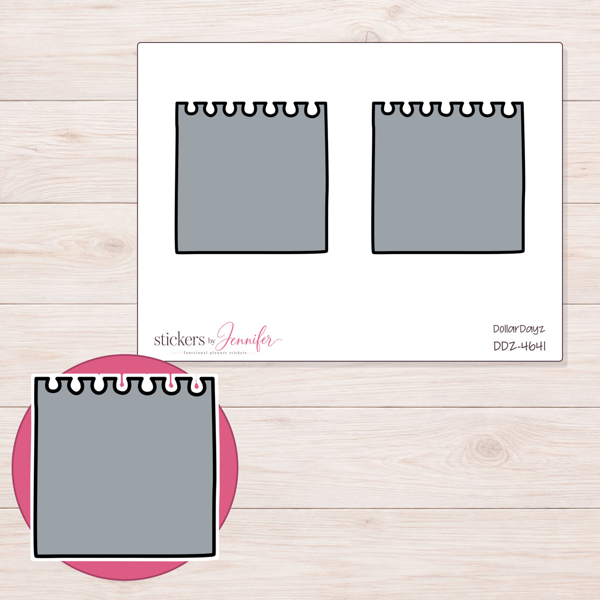 Gray Spiral Notepad Planner Stickers | DDZ-4641 — 4 × 3 inch sheet and enlarged sticker detail