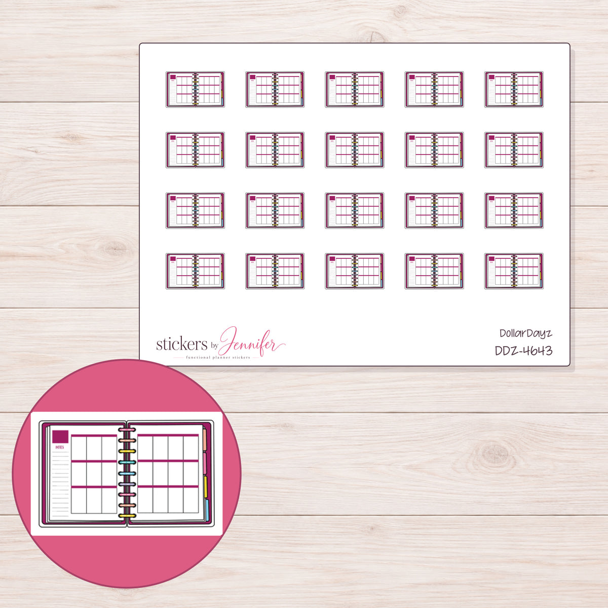 Open Magenta Weekly Planner Stickers | DDZ-4643 — 4 × 3 inch sheet and enlarged sticker detail