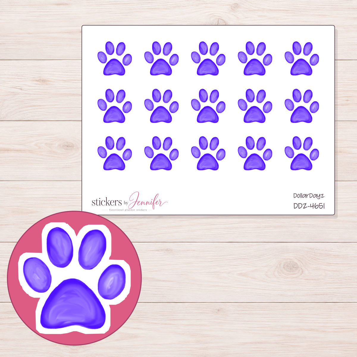 Purple Watercolor Paw Print Planner Stickers | DDZ-4651 — 4 × 3 inch sheet and enlarged sticker detail
