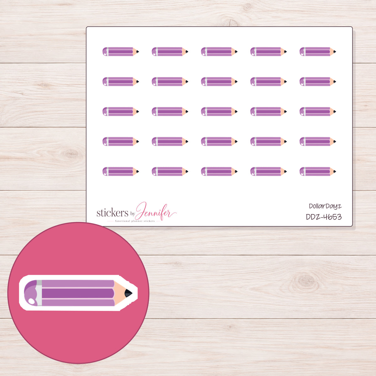 Purple Pencil Planner Stickers | DDZ-4653 — 4 × 3 inch sheet and enlarged sticker detail
