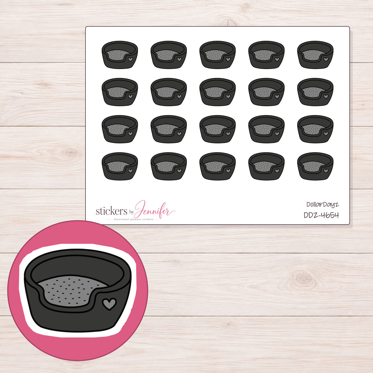 Black Heart Pet Bed Planner Stickers | DDZ-4654 — 4 × 3 inch sheet and enlarged sticker detail