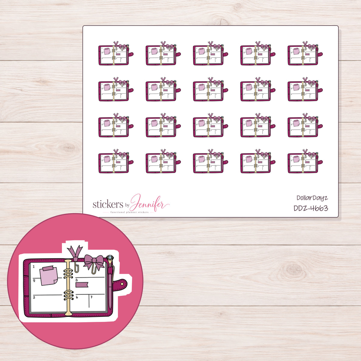 Open Decorated Magenta Planner Stickers | DDZ-4663 — 4 × 3 inch sheet and enlarged sticker detail