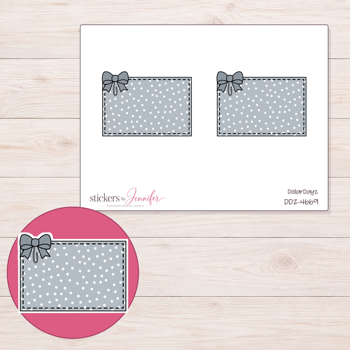 Gray Polka Dot Bow Half Box Planner Stickers | DDZ-4669 — 4 × 3 inch sheet and enlarged sticker detail