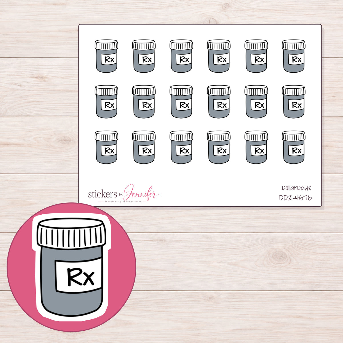 Gray Prescription Bottle Planner Stickers | DDZ-4676 — 4 × 3 inch sheet and enlarged sticker detail