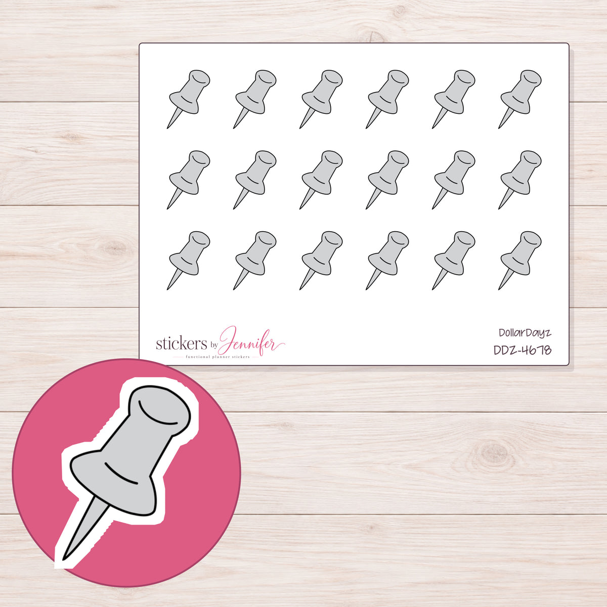 Light Gray Push Pin Planner Stickers | DDZ-4678 — 4 × 3 inch sheet and enlarged sticker detail