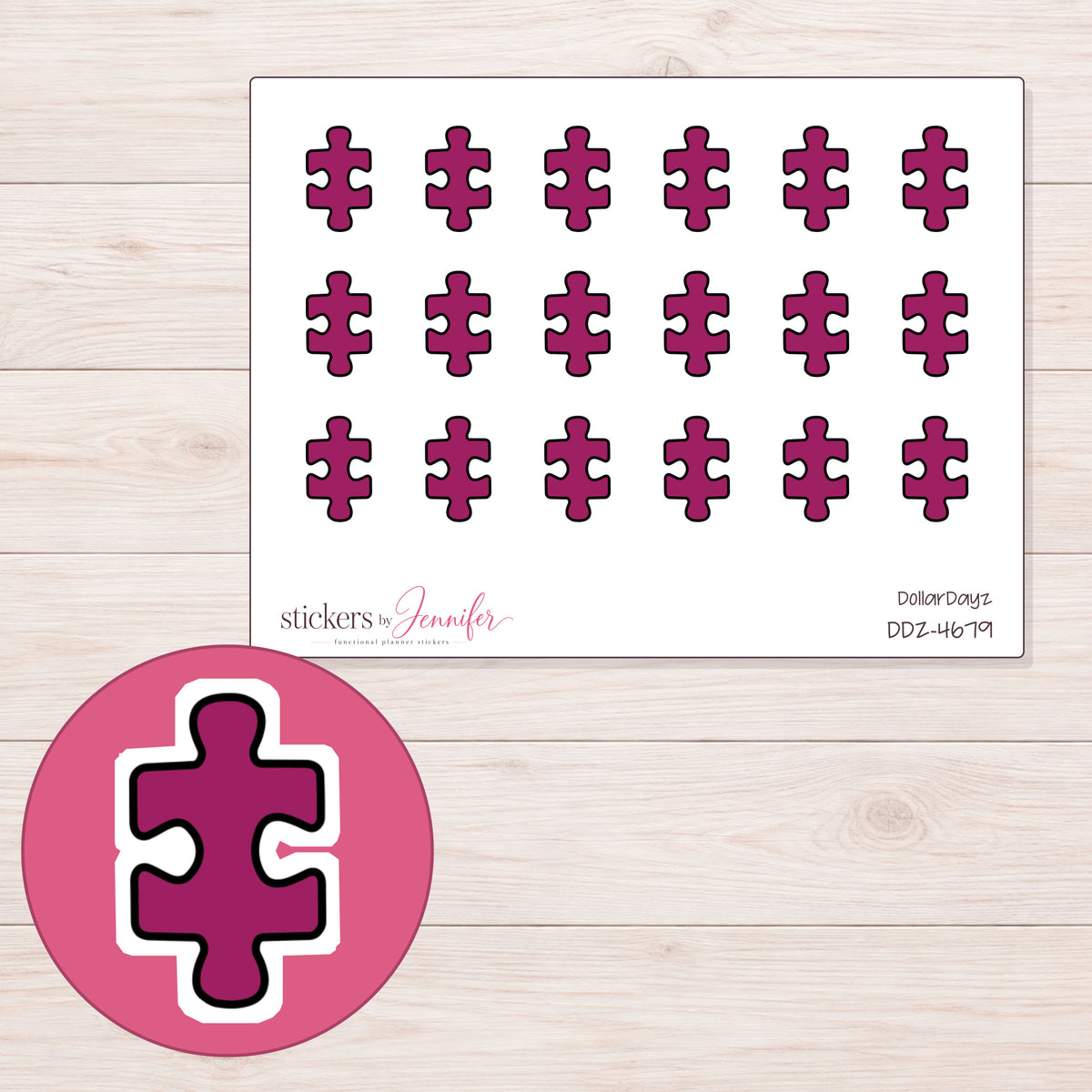 Magenta Puzzle Piece Planner Stickers | DDZ-4679 — 4 × 3 inch sheet and enlarged sticker detail