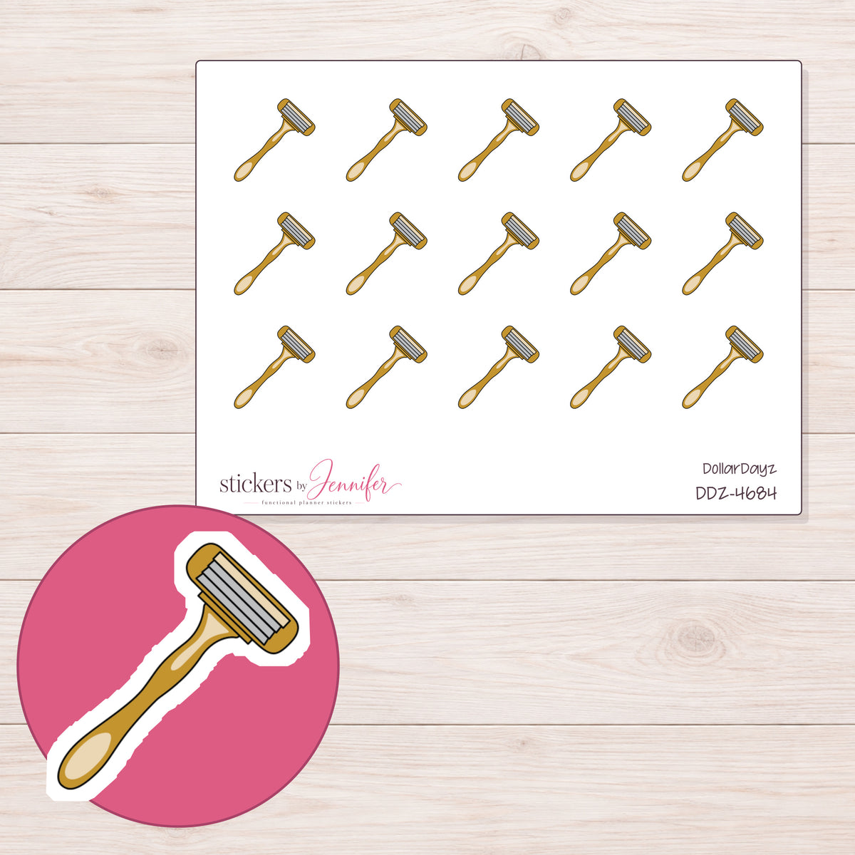 Gold Razor Planner Stickers | DDZ-4684 — 4 × 3 inch sheet and enlarged sticker detail