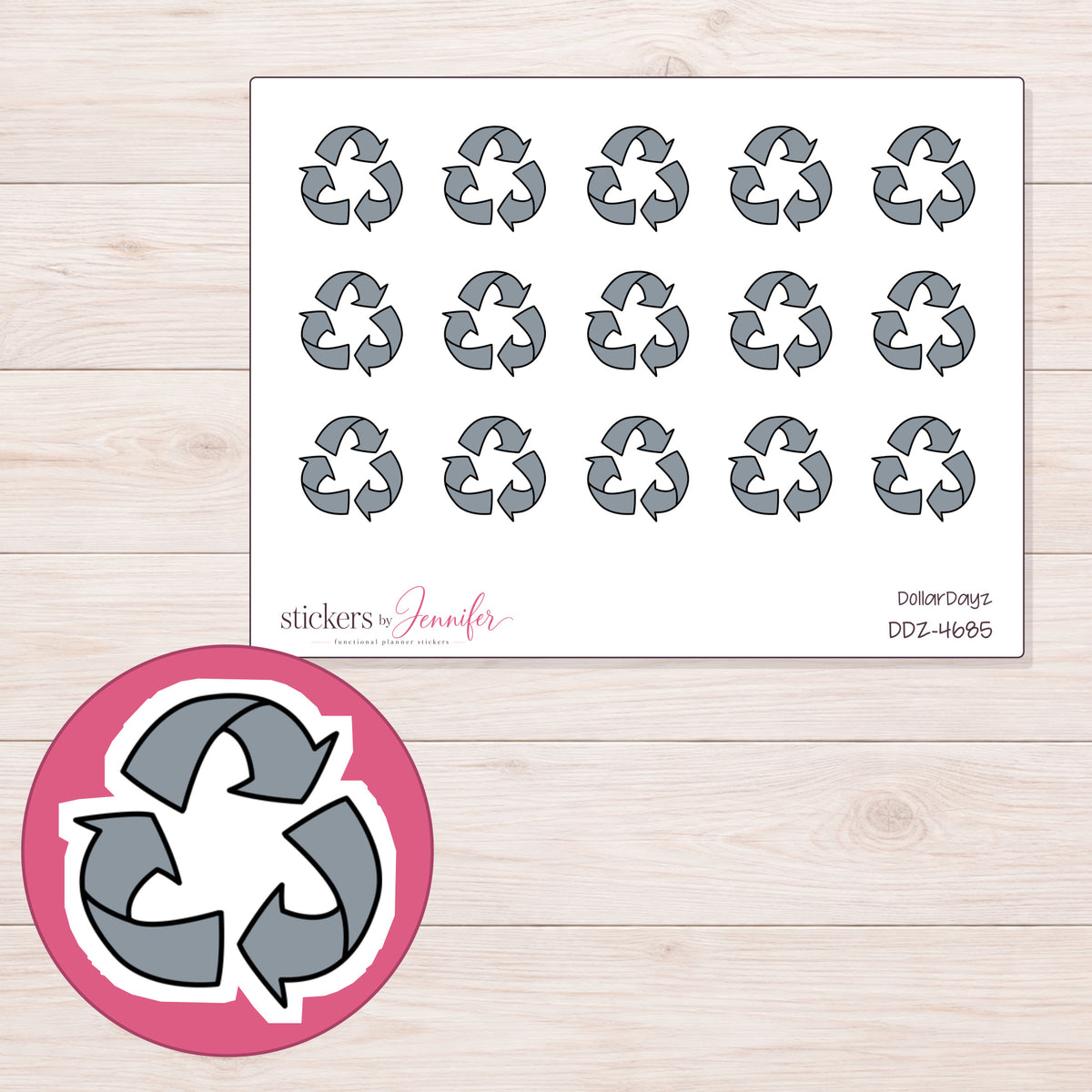 Gray Recycling Symbol Planner Stickers | DDZ-4685 — 4 × 3 inch sheet and enlarged sticker detail