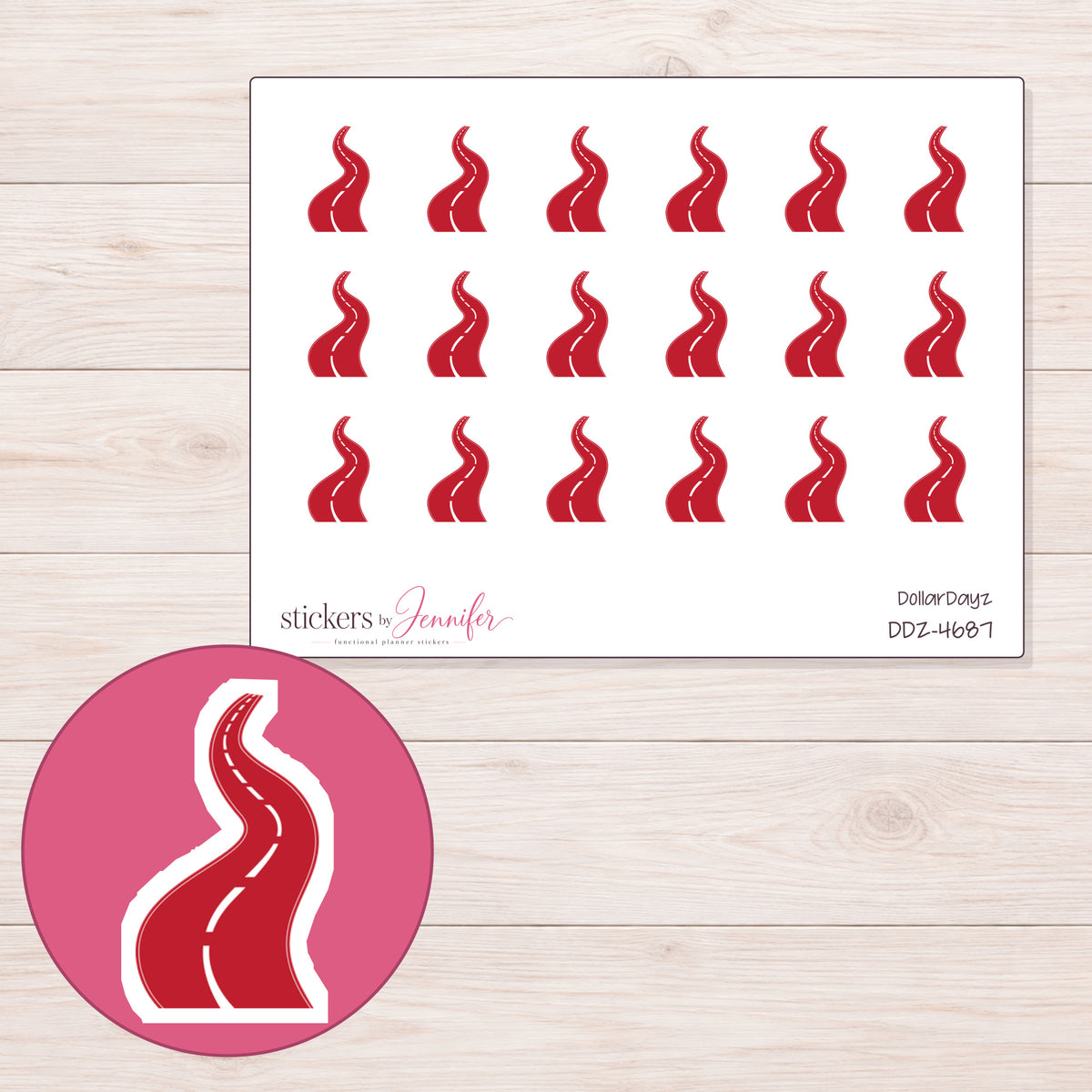 Red Winding Road Planner Stickers | DDZ-4687 — 4 × 3 inch sheet and enlarged sticker detail