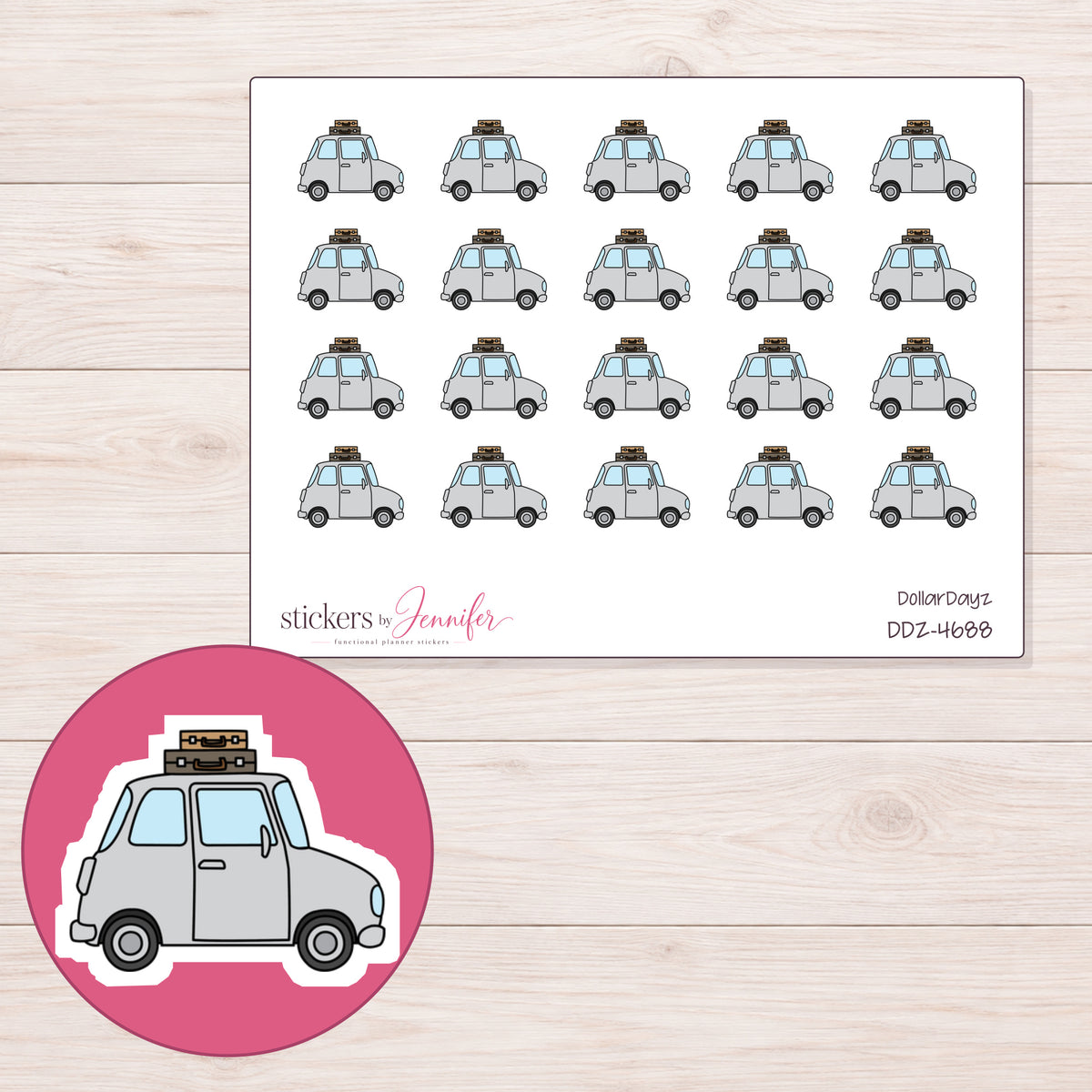 Gray Road Trip Car Planner Stickers | DDZ-4688 — 4 × 3 inch sheet and enlarged sticker detail