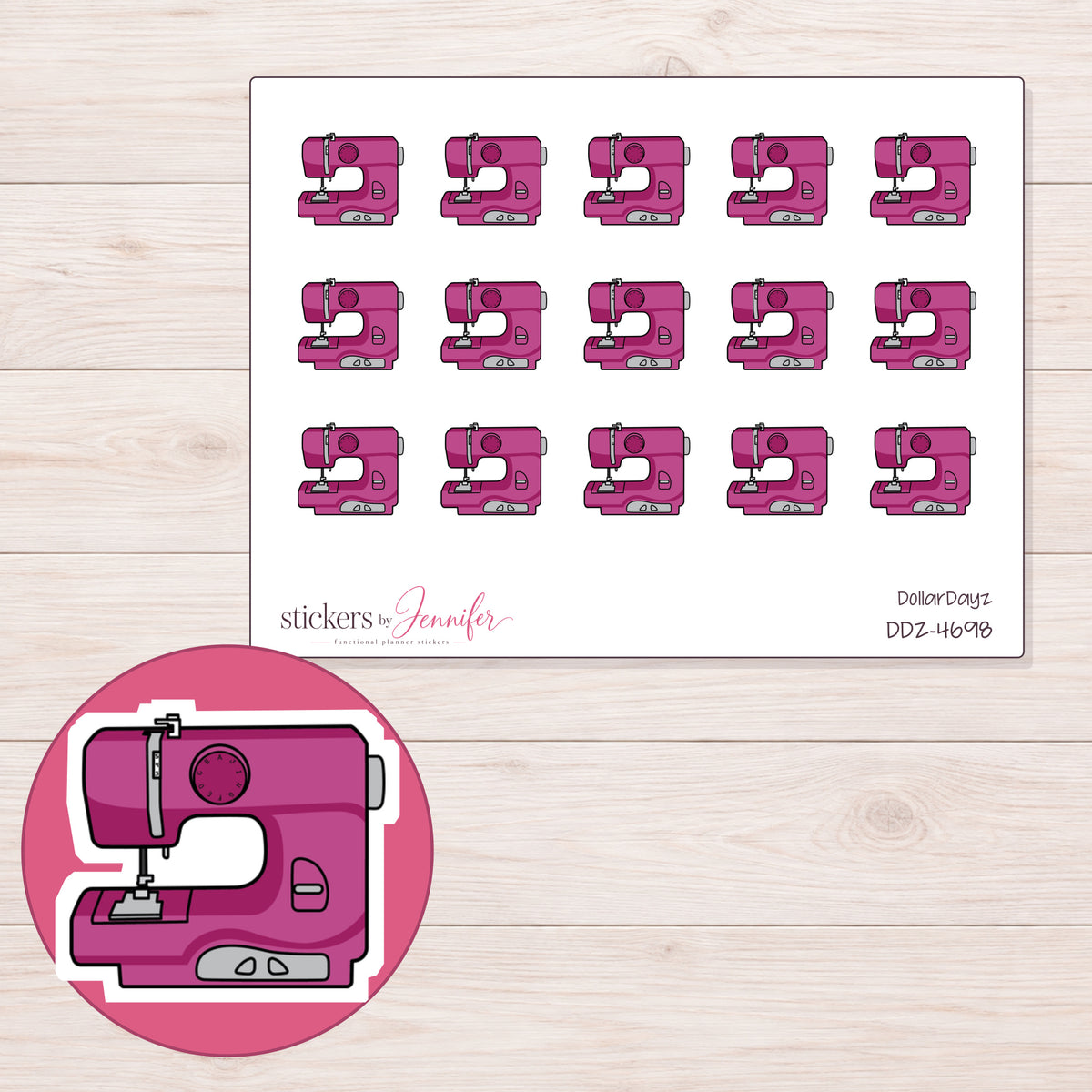 Magenta Sewing Machine Planner Stickers | DDZ-4698 — 4 × 3 inch sheet and enlarged sticker detail