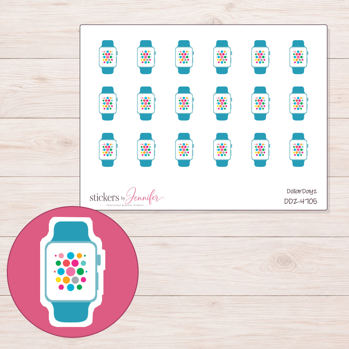 Teal Smartwatch with App Icons Planner Stickers | DDZ-4705 — 4 × 3 inch sheet and enlarged sticker detail