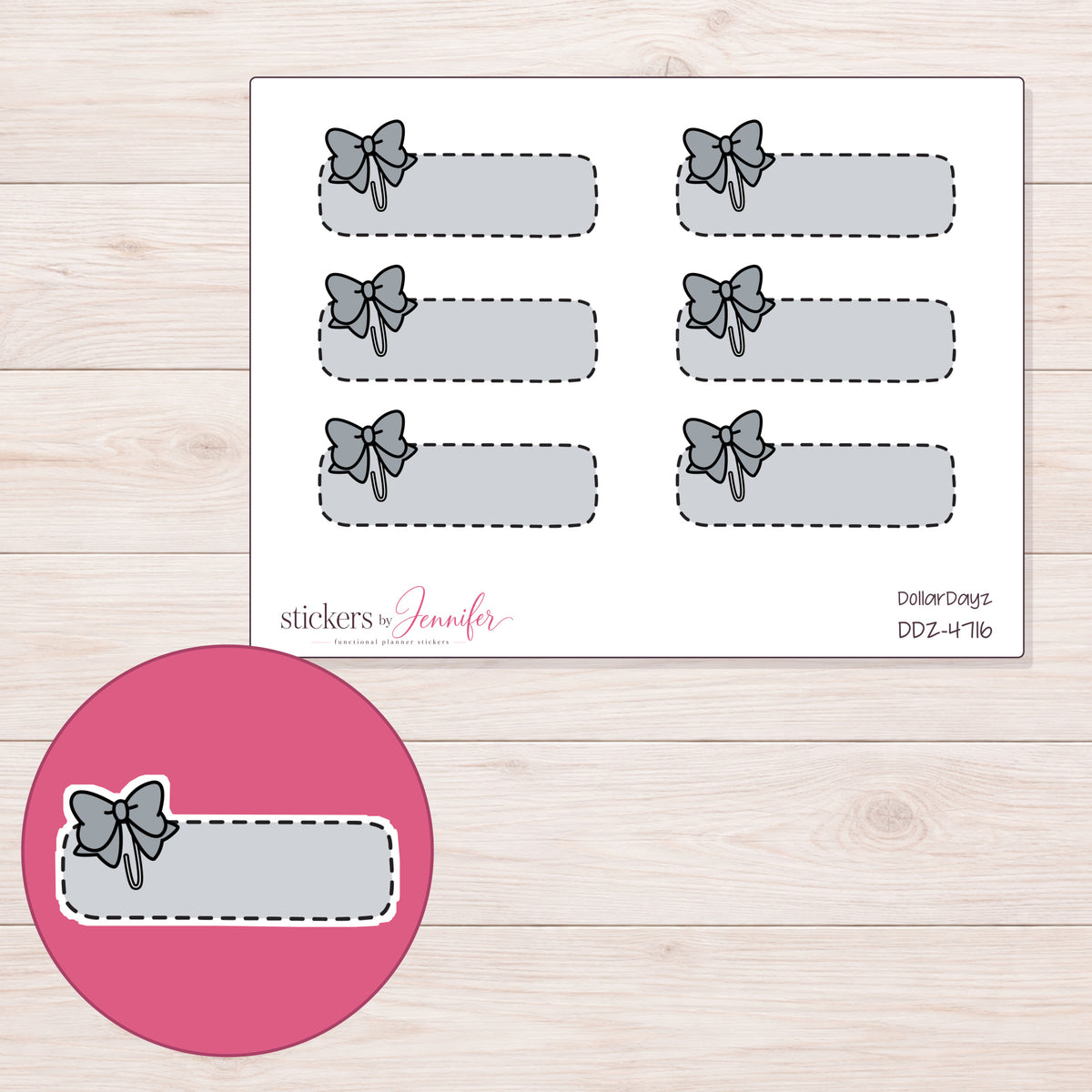 Gray Stitched Bow Quarter Box Planner Stickers | DDZ-4716 — 4 × 3 inch sheet and enlarged sticker detail