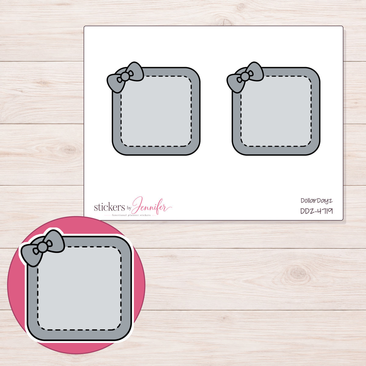 Gray Stitched Square Bow Label Planner Stickers | DDZ-4719 — 4 × 3 inch sheet and enlarged sticker detail