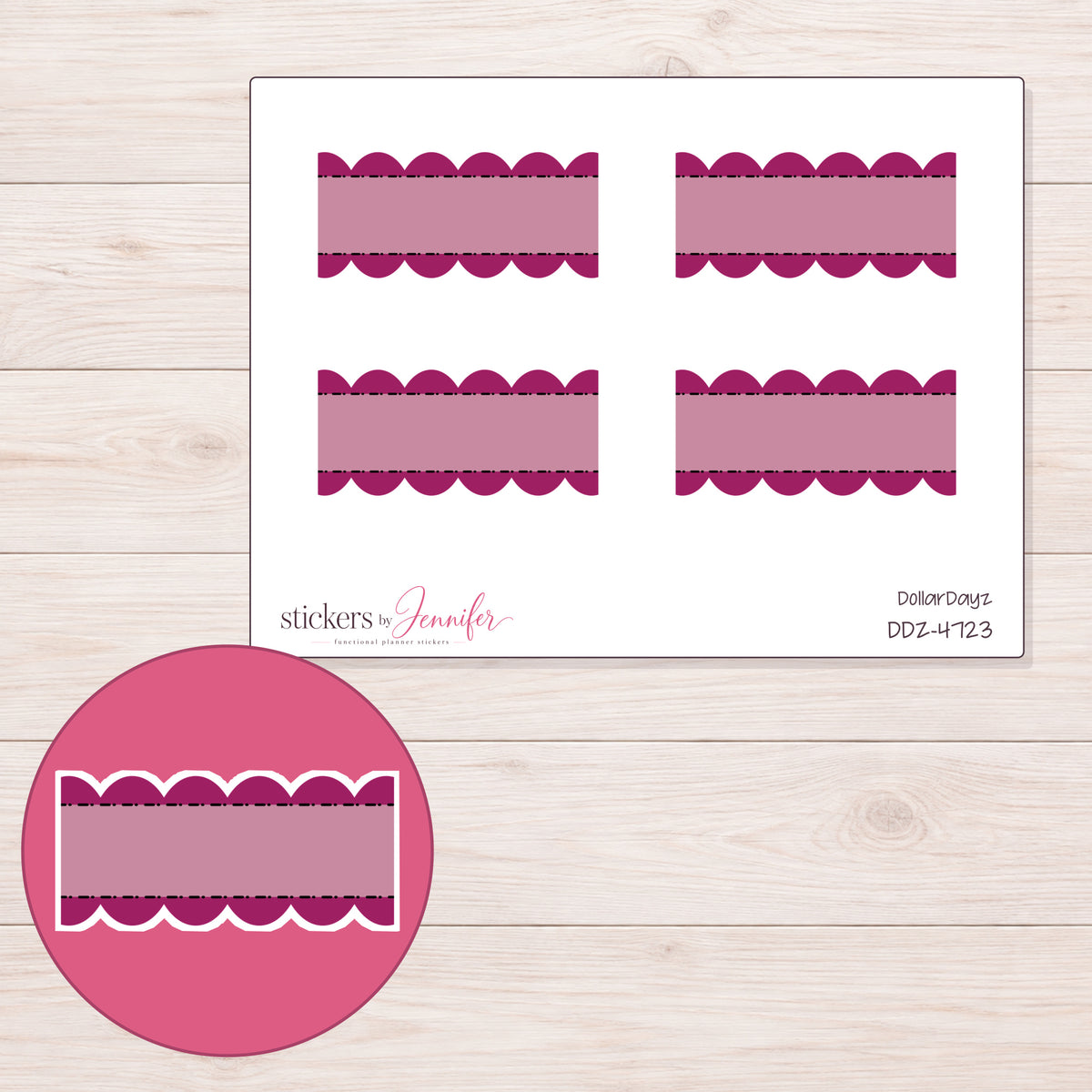 Berry Stitched Scallop Stripe Label Planner Stickers | DDZ-4723 — 4 × 3 inch sheet and enlarged sticker detail