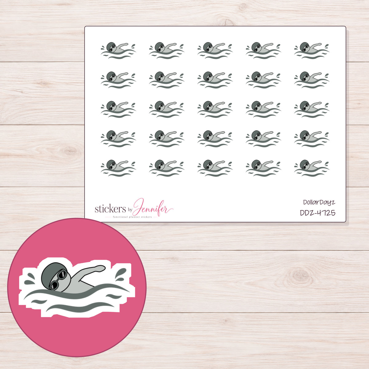 Gray Swimmer Planner Stickers | DDZ-4725 — 4 × 3 inch sheet and enlarged sticker detail