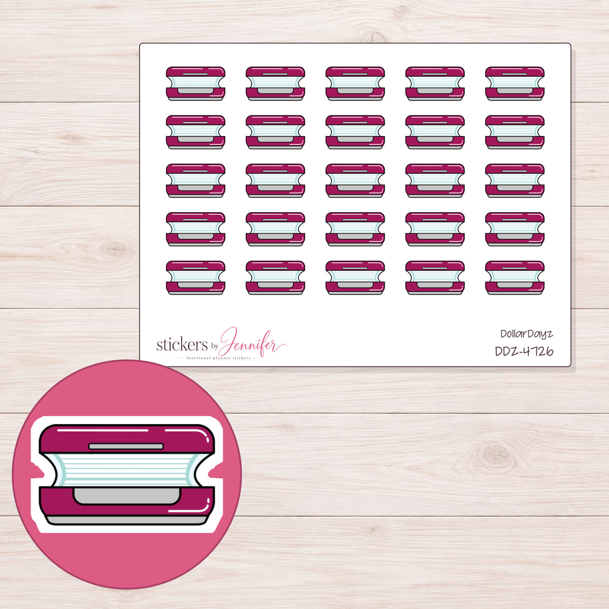 Magenta Tanning Bed Planner Stickers | DDZ-4726 — 4 × 3 inch sheet and enlarged sticker detail