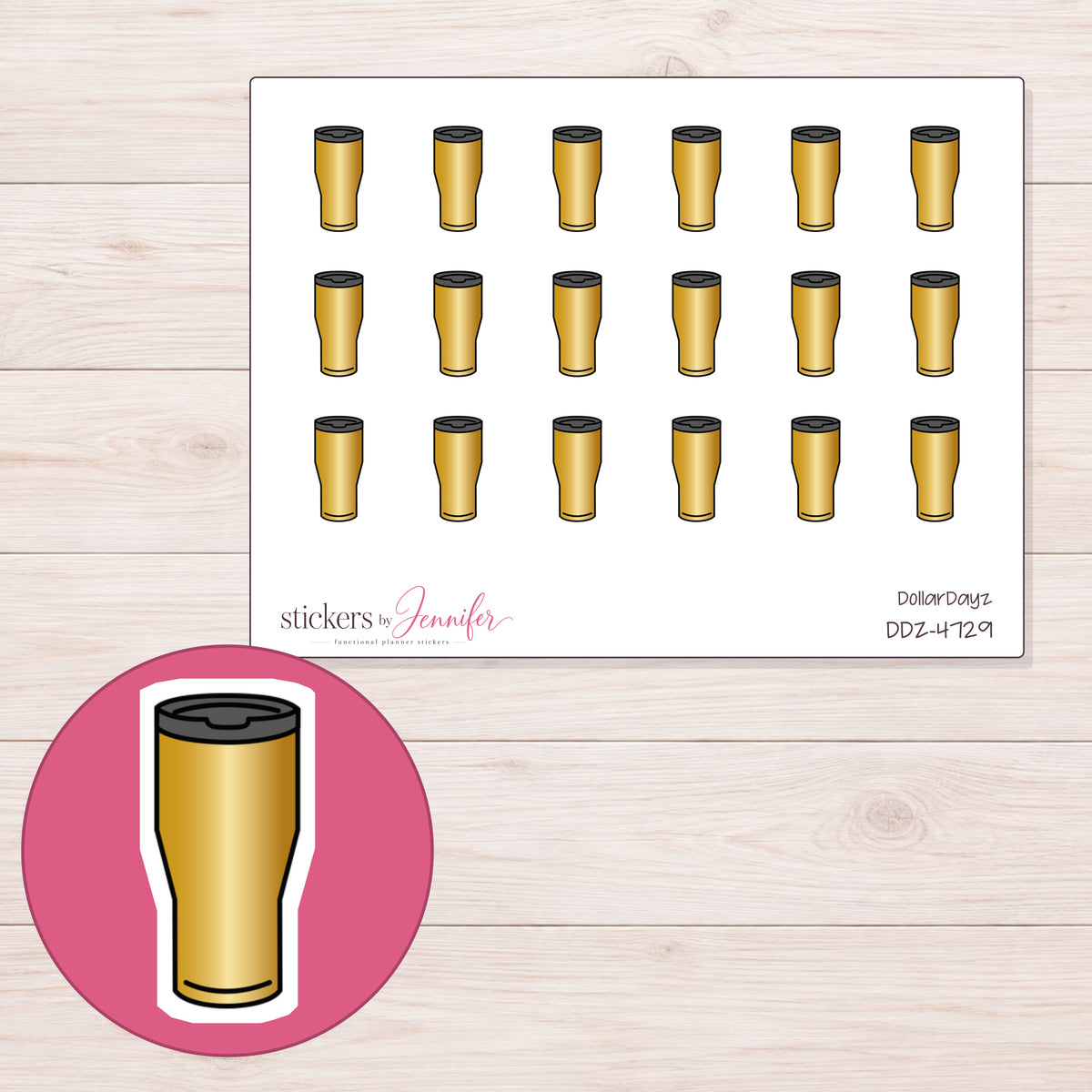 Gold Travel Tumbler Planner Stickers | DDZ-4729 — 4 × 3 inch sheet and enlarged sticker detail