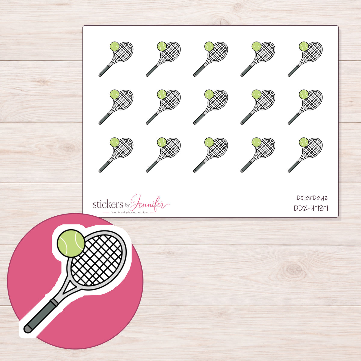 Gray Tennis Racket and Green Ball Planner Stickers | DDZ-4737 — 4 × 3 inch sheet and enlarged sticker detail