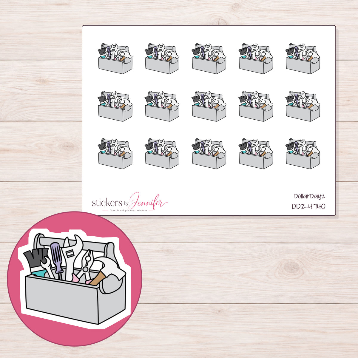 Gray Toolbox with Tools Planner Stickers | DDZ-4740 — 4 × 3 inch sheet and enlarged sticker detail