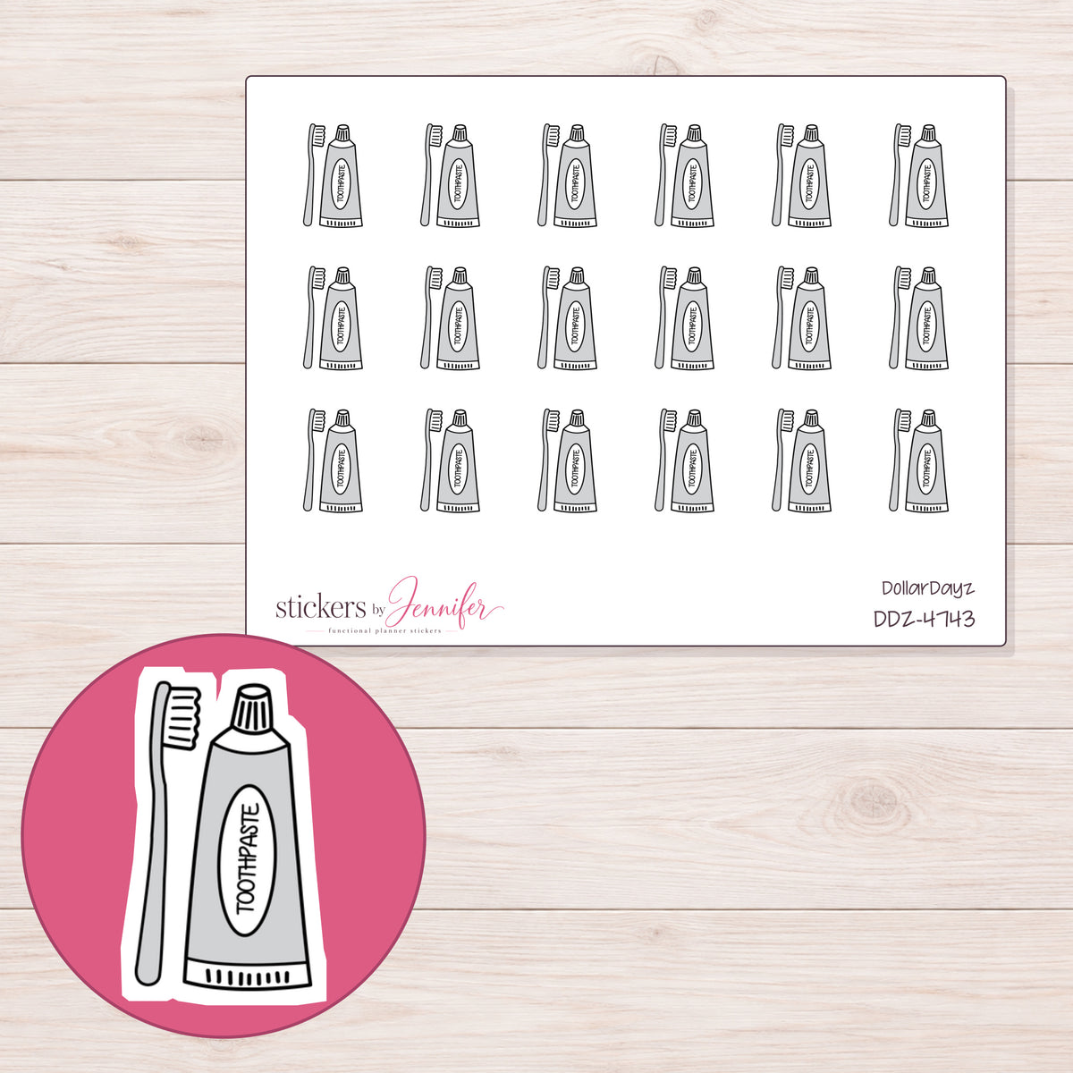 Gray Toothpaste and Toothbrush Planner Stickers | DDZ-4743 — 4 × 3 inch sheet and enlarged sticker detail