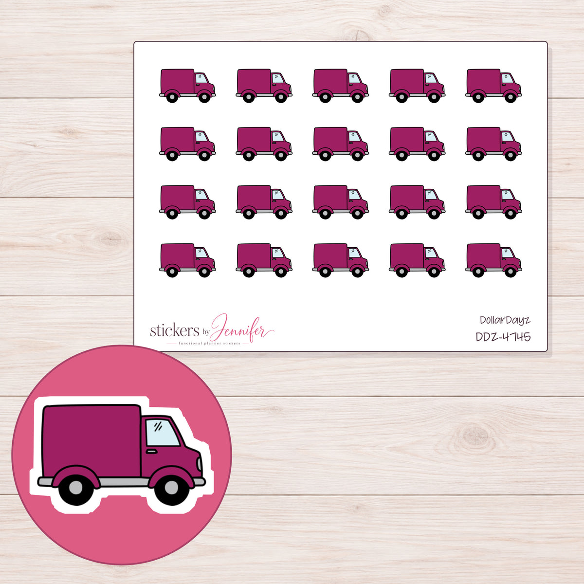 Magenta Delivery Truck Planner Stickers | DDZ-4745 — 4 × 3 inch sheet and enlarged sticker detail