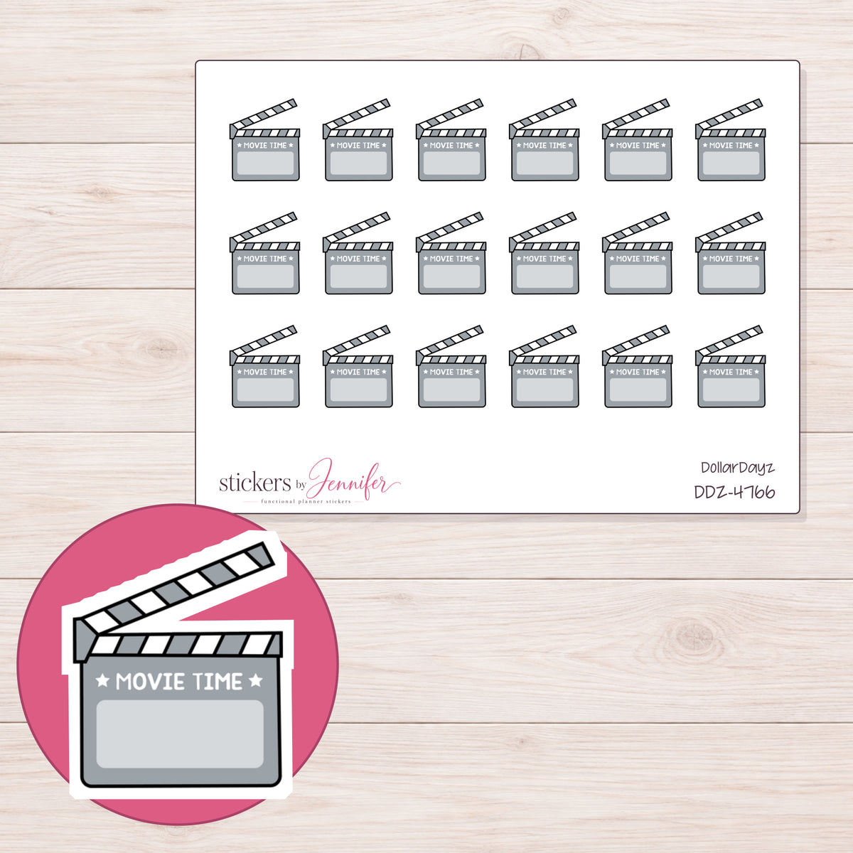 Gray Movie Time Clapperboard Planner Stickers | DDZ-4766 — 4 × 3 inch sheet and enlarged sticker detail