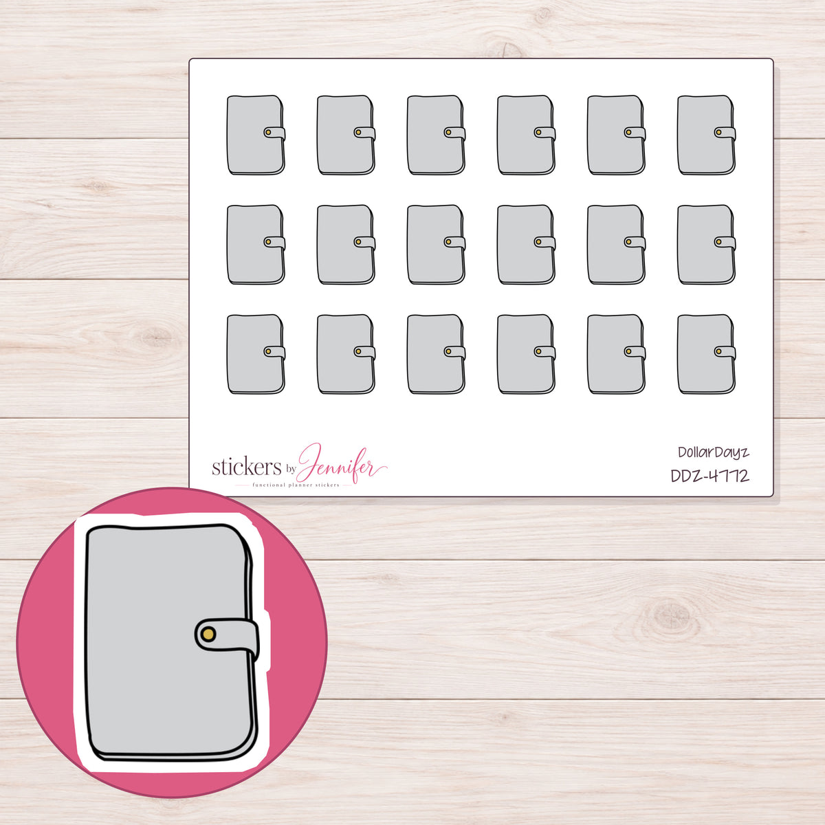 Light Gray Clasp Planner Stickers | DDZ-4772 — 4 × 3 inch sheet and enlarged sticker detail