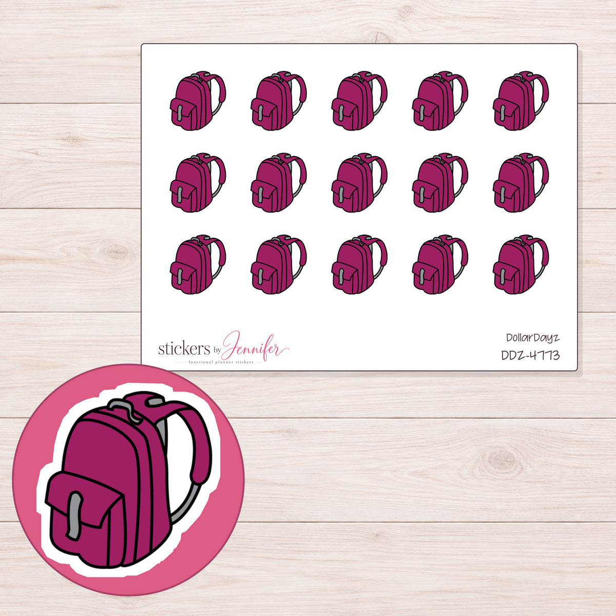 Magenta School Backpack Planner Stickers | DDZ-4773 — 4 × 3 inch sheet and enlarged sticker detail