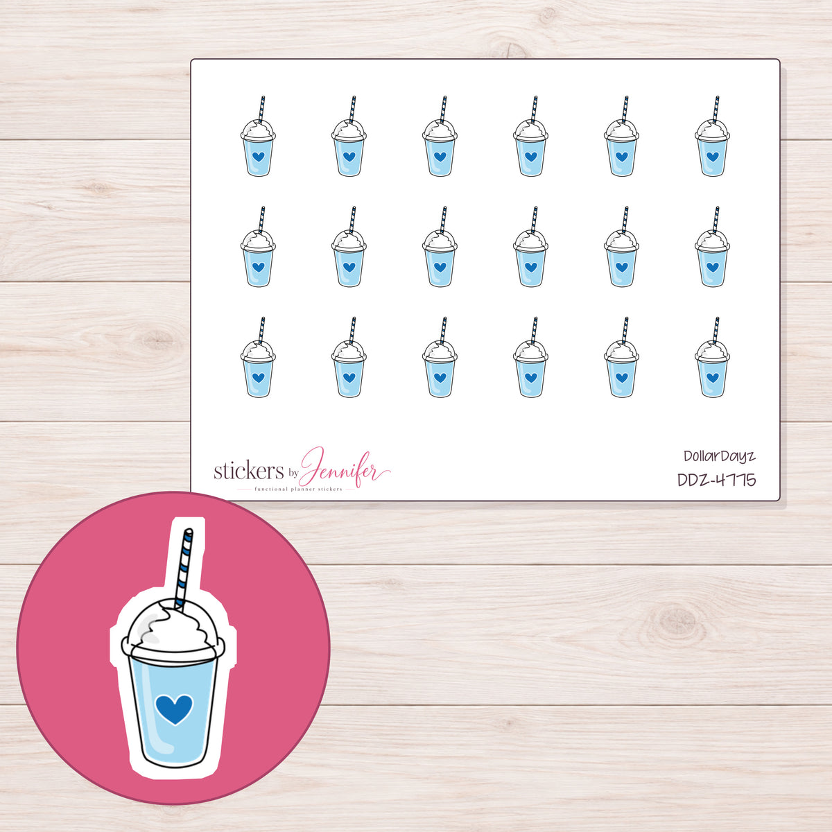 Blue Heart Smoothie Cup Planner Stickers | DDZ-4775 — 4 × 3 inch sheet and enlarged sticker detail