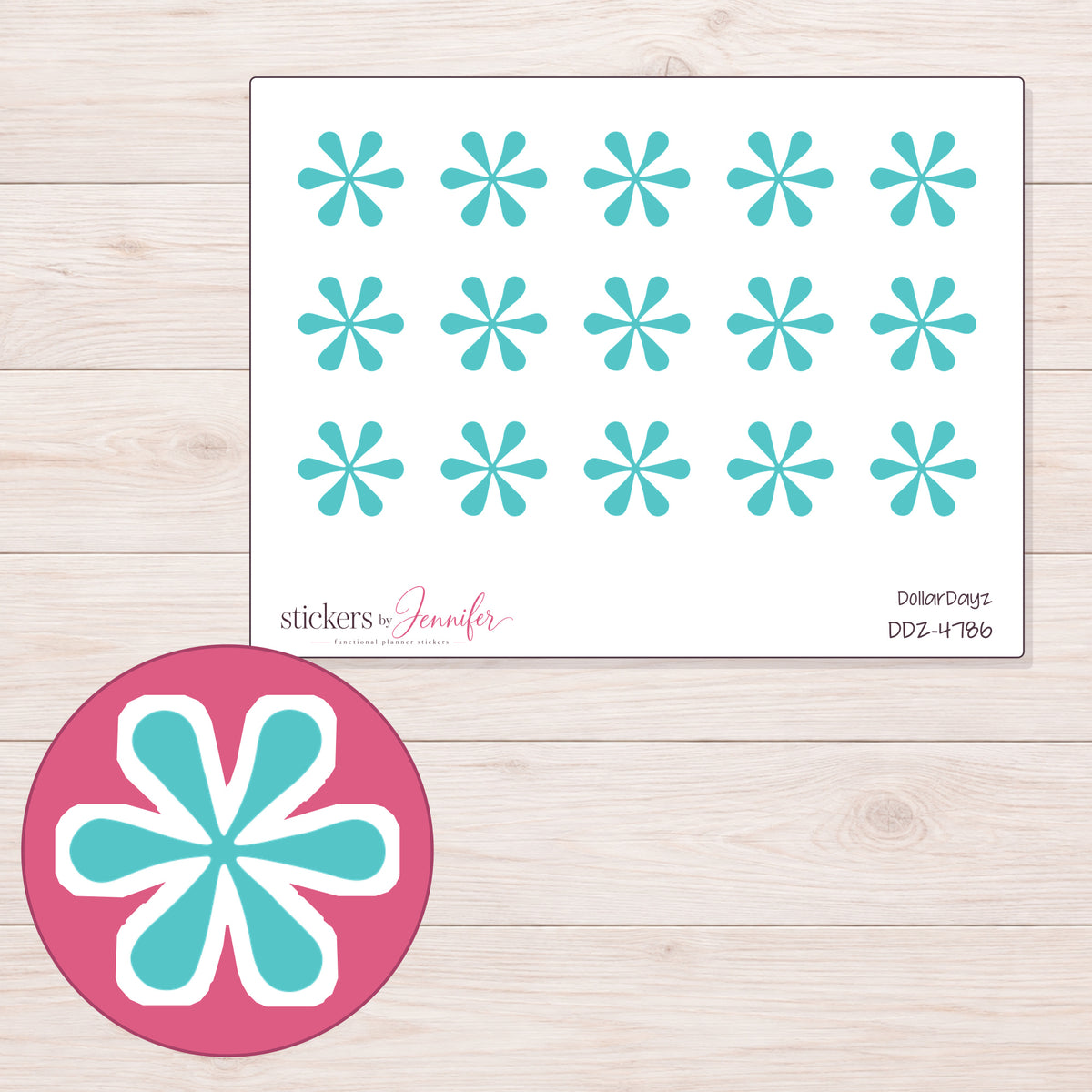 Teal Flower Asterisk Planner Stickers | DDZ-4786 — 4 × 3 inch sheet and enlarged sticker detail
