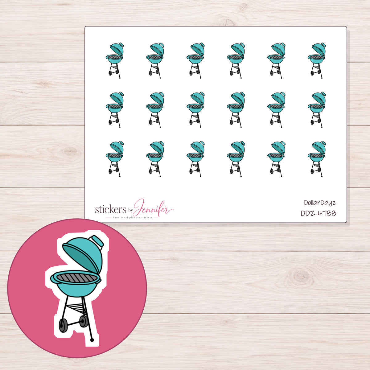 Teal Barbecue Grill Planner Stickers | DDZ-4788 — 4 × 3 inch sheet and enlarged sticker detail