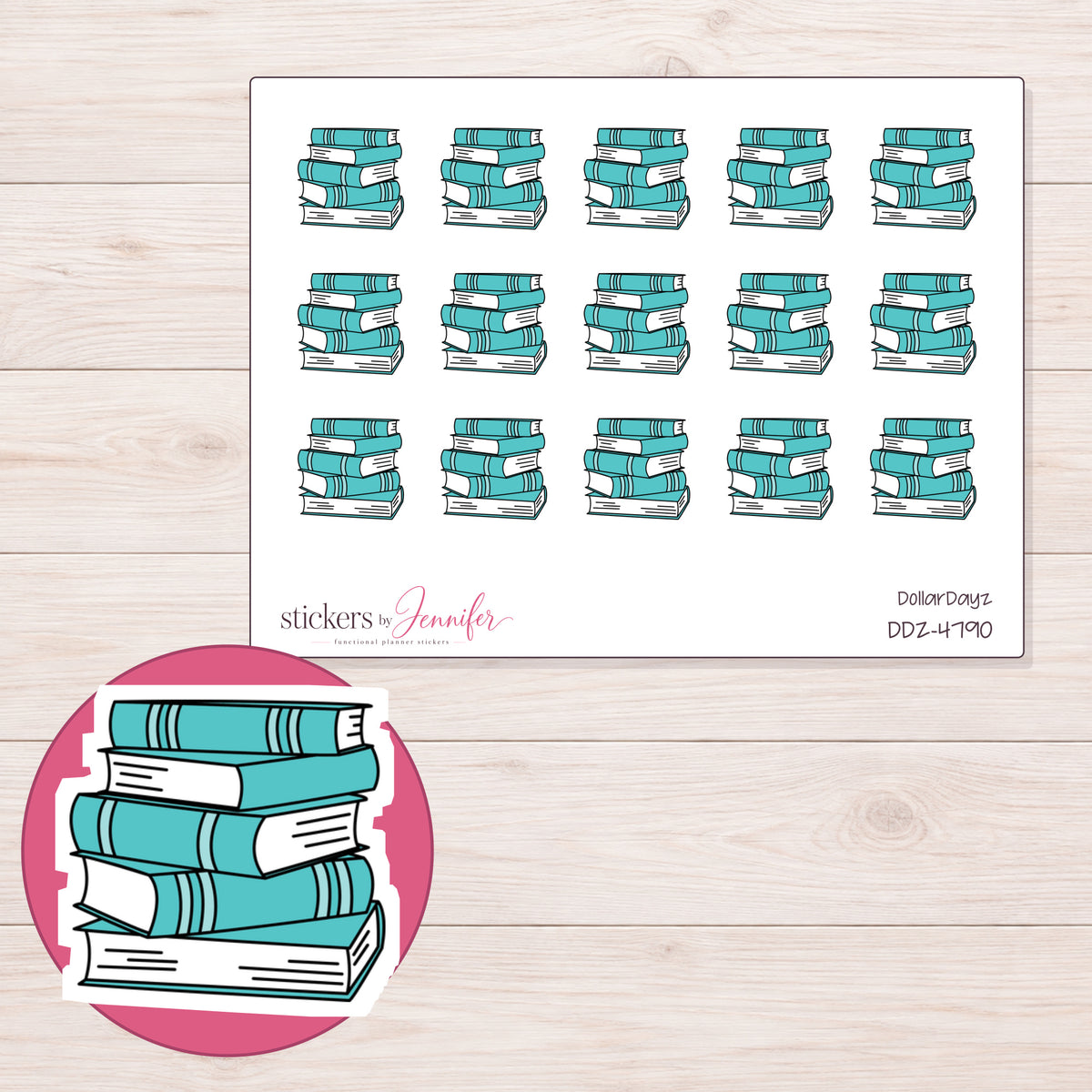 Teal Book Stack Planner Stickers | DDZ-4790 — 4 × 3 inch sheet and enlarged sticker detail