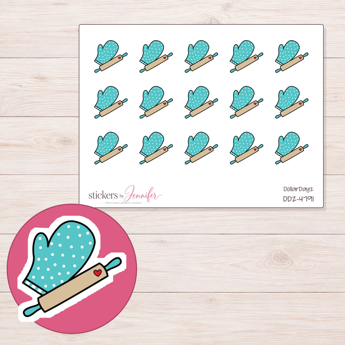 Teal Oven Mitt and Rolling Pin Planner Stickers | DDZ-4791 — 4 × 3 inch sheet and enlarged sticker detail