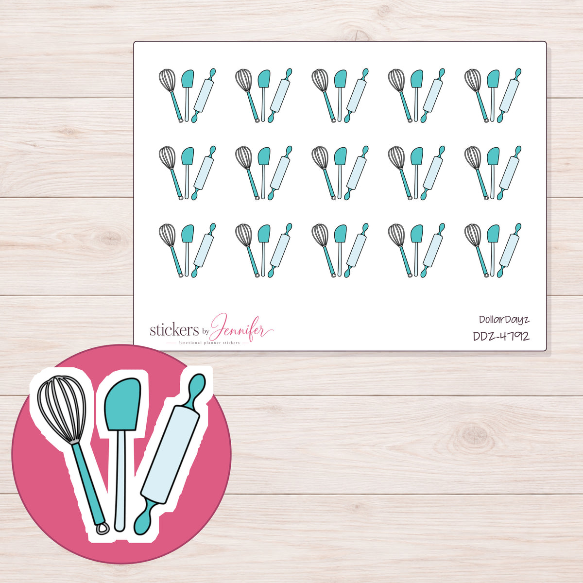 Teal Baking Utensils Planner Stickers | DDZ-4792 — 4 × 3 inch sheet and enlarged sticker detail