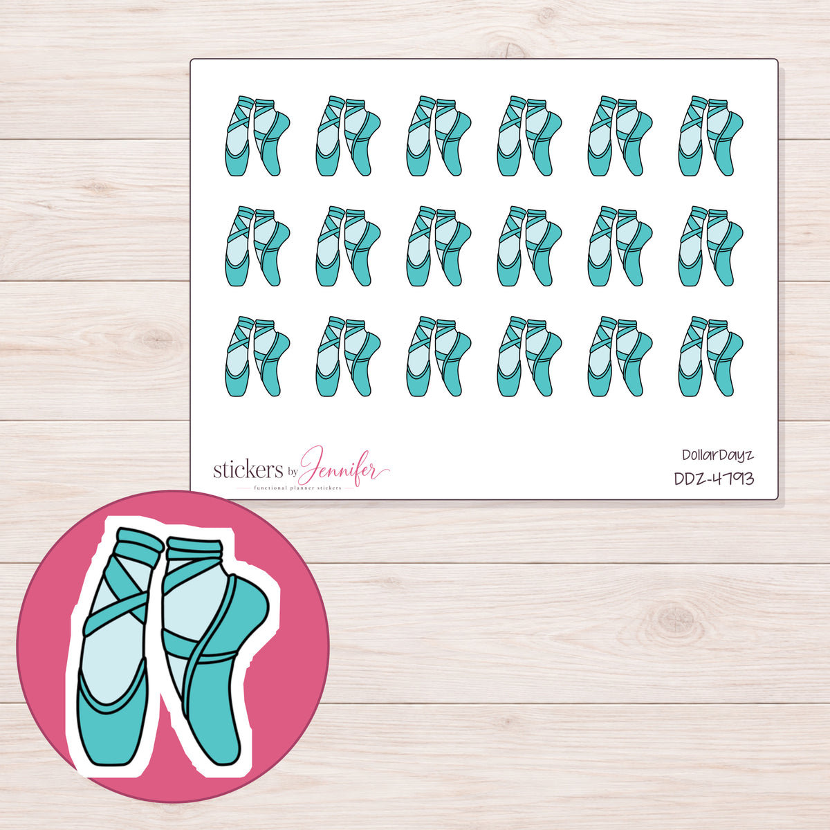 Teal Ballet Shoes Planner Stickers | DDZ-4793 — 4 × 3 inch sheet and enlarged sticker detail