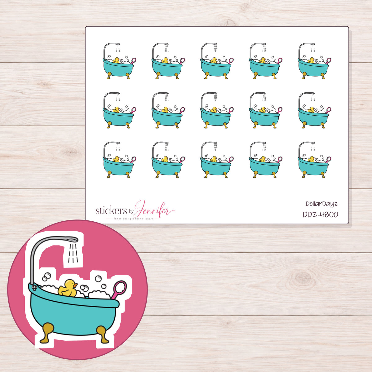 Teal Bubble Bath Planner Stickers | DDZ-4800 — 4 × 3 inch sheet and enlarged sticker detail